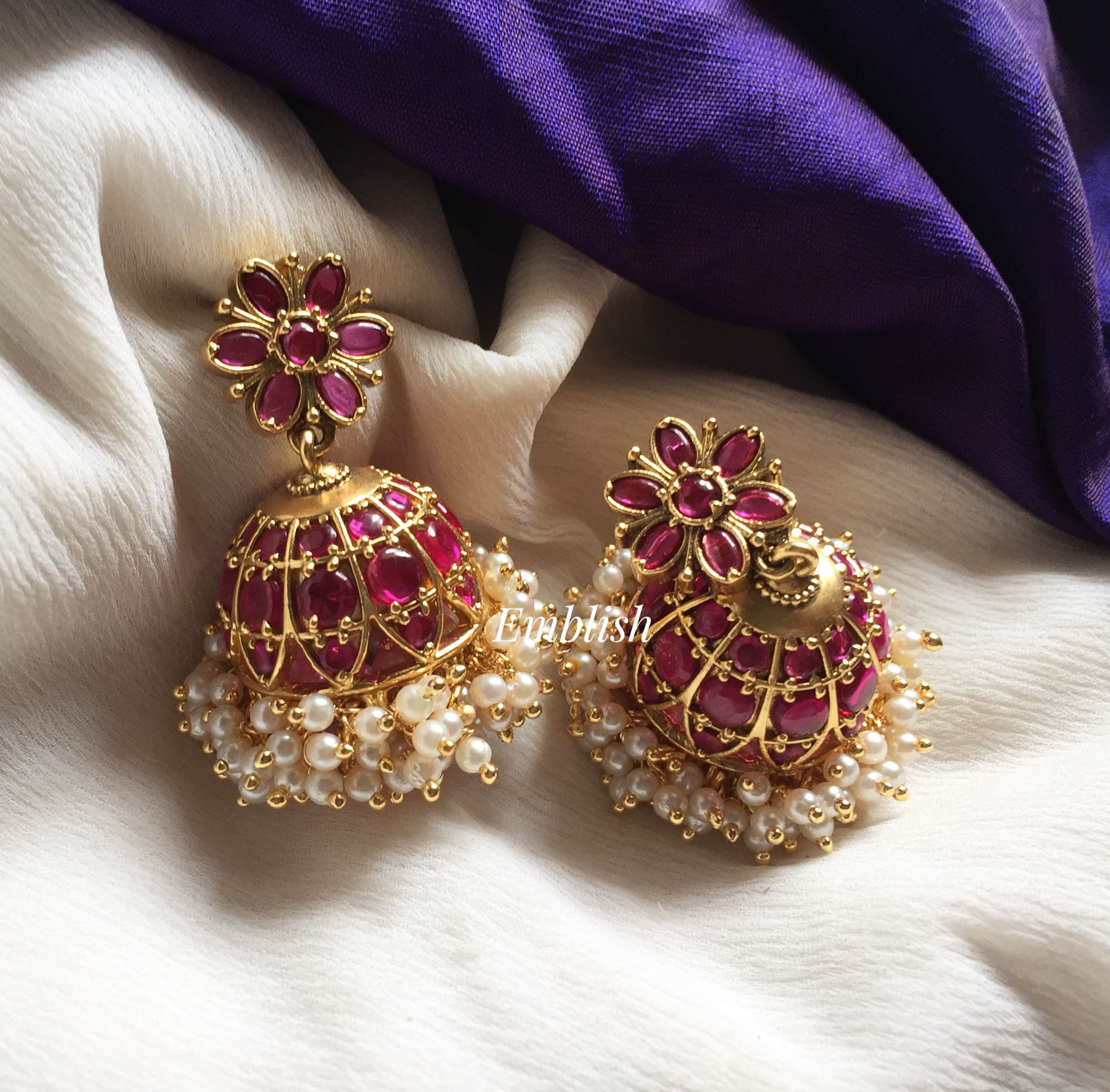 Red stone and pearl jhumkas on sale